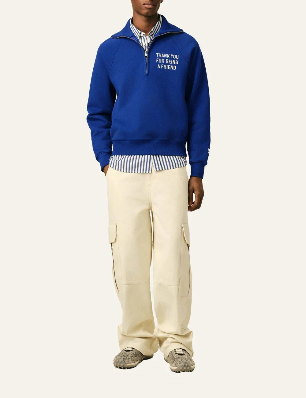 AMI Paris men blue organic cotton half-zip sweatshirt with Thank You For Being A Friend embroidery full body