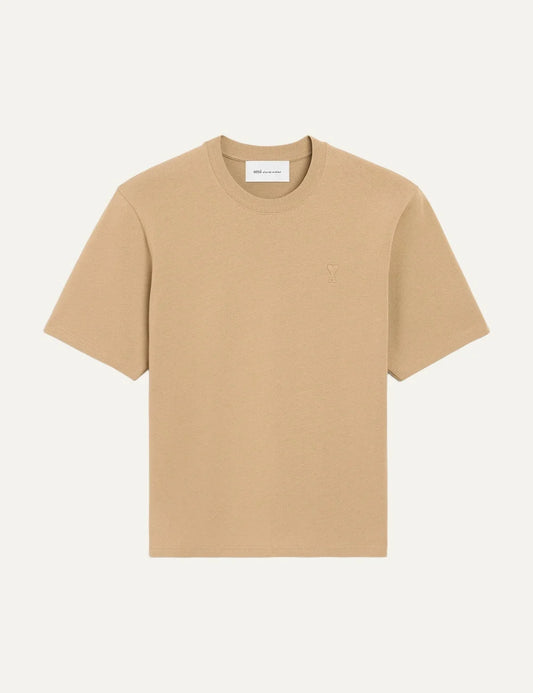 AMI Paris men beige organic cotton T-shirt with tonal Ami de Coeur logo