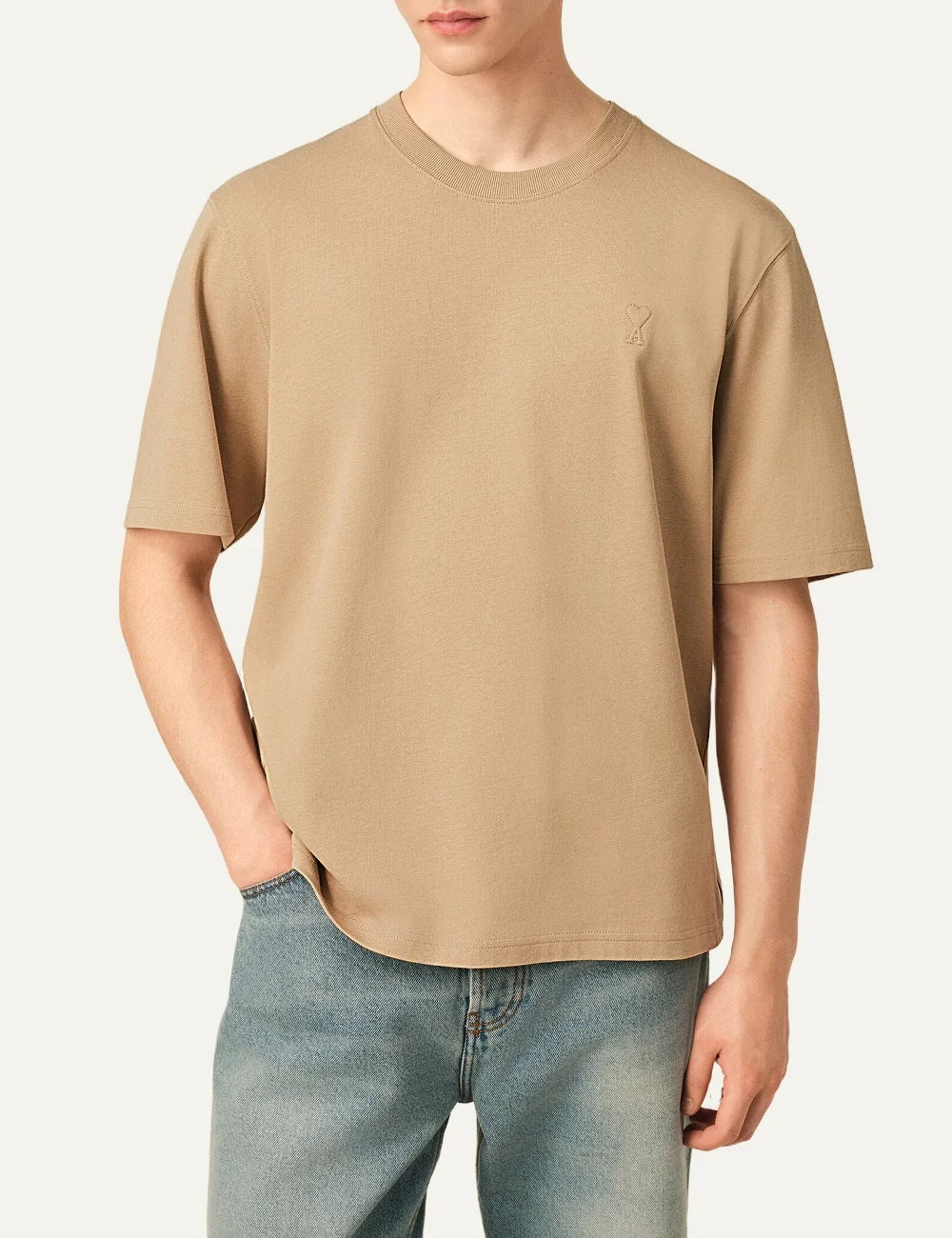 AMI Paris men beige organic cotton T-shirt with tonal Ami de Coeur logo model
