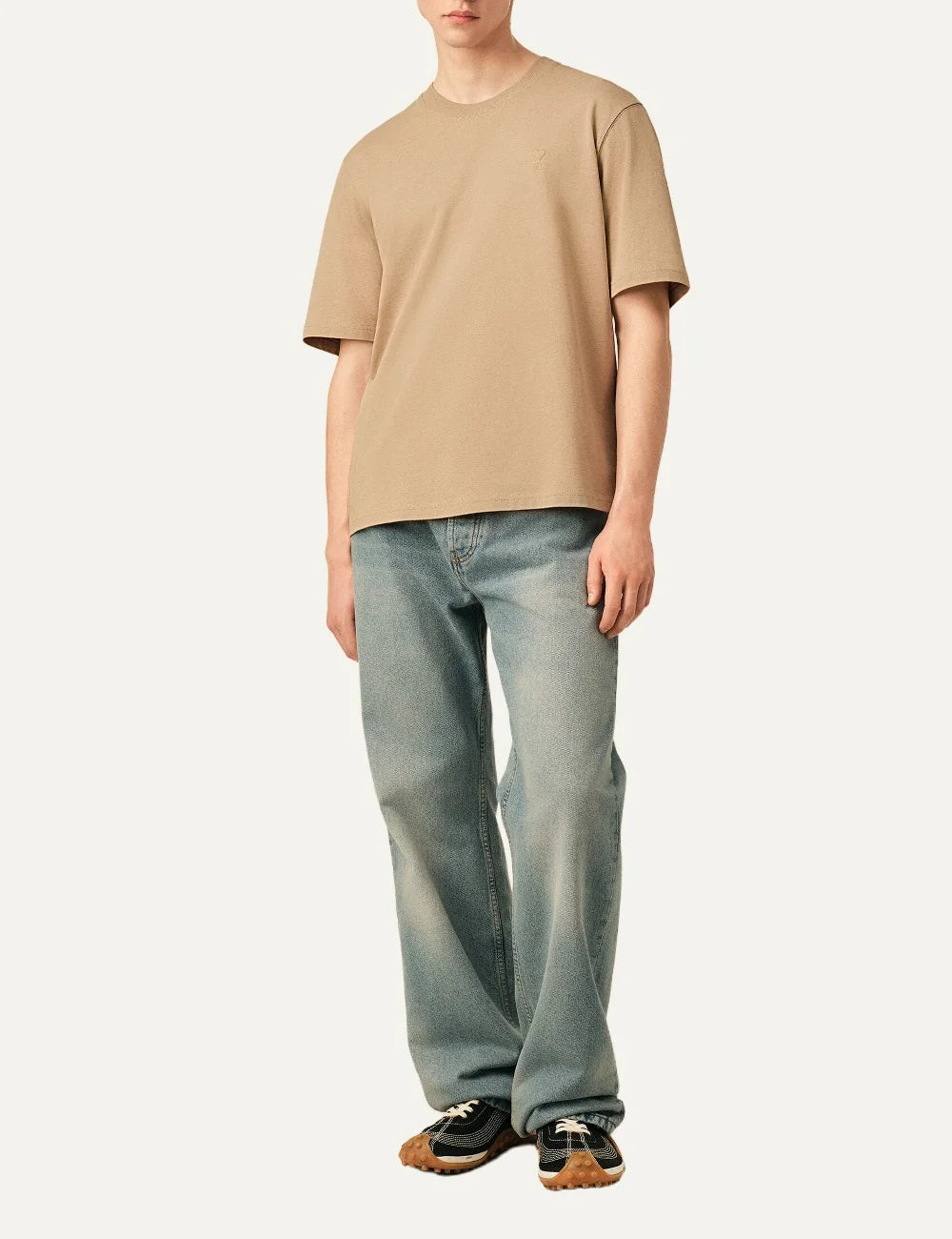 AMI Paris men beige organic cotton T-shirt with tonal Ami de Coeur logo full body