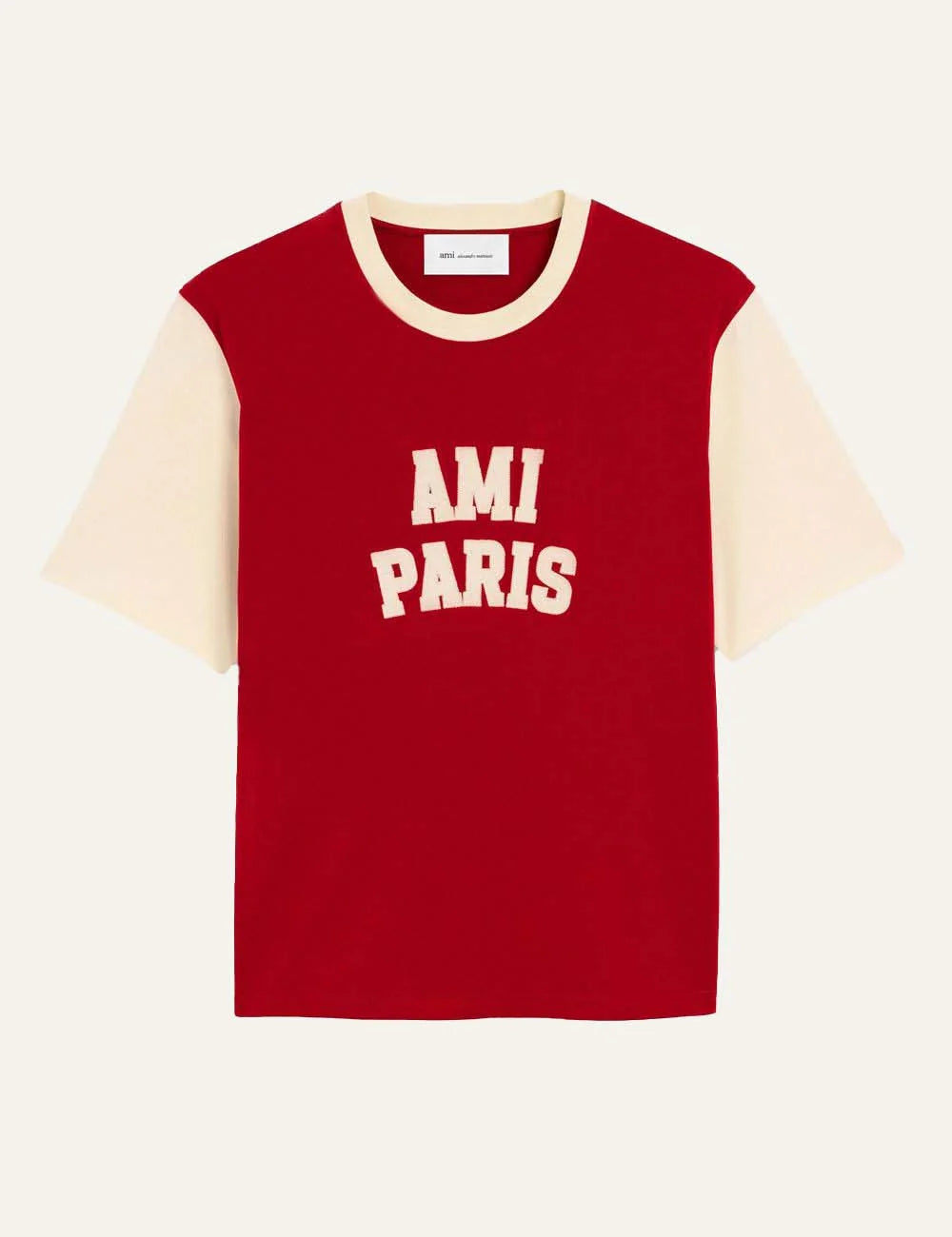 AMI Paris men red and ecru T-shirt with AMI Paris felt logo embroidery