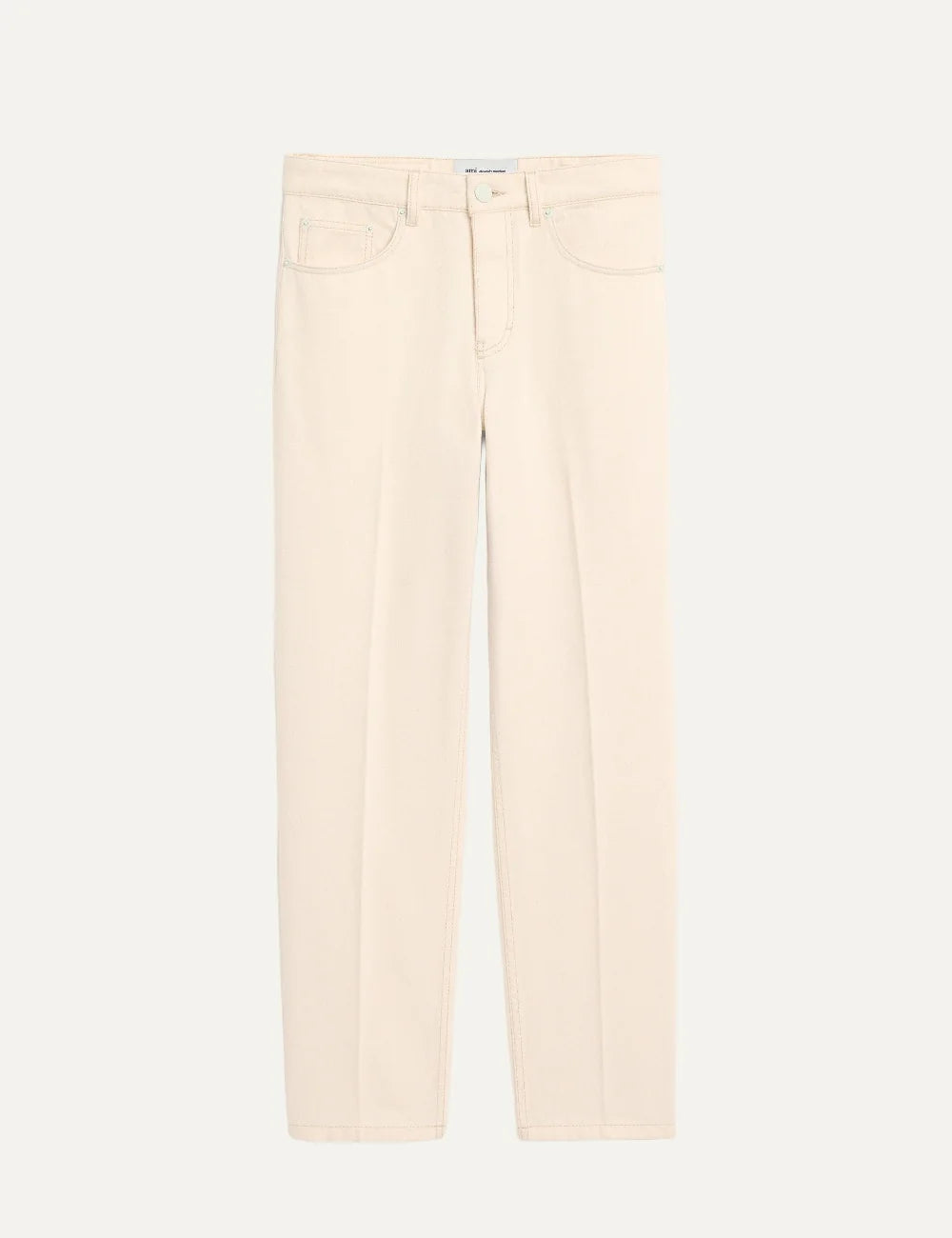 Ami Paris men's cream straight leg denim jeans with regular waist, five pockets, button fly and tonal metal rivets.