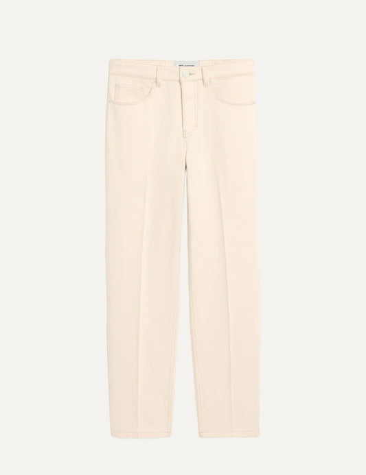 Ami Paris men's cream straight leg denim jeans with regular waist, five pockets, button fly and tonal metal rivets.