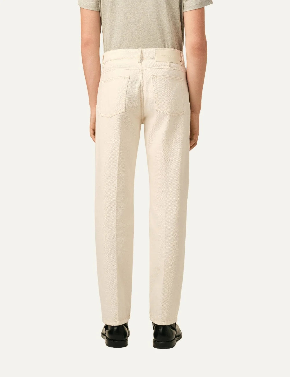 Ami Paris men's cream straight leg denim jeans with regular waist, five pockets, button fly and tonal metal rivets back