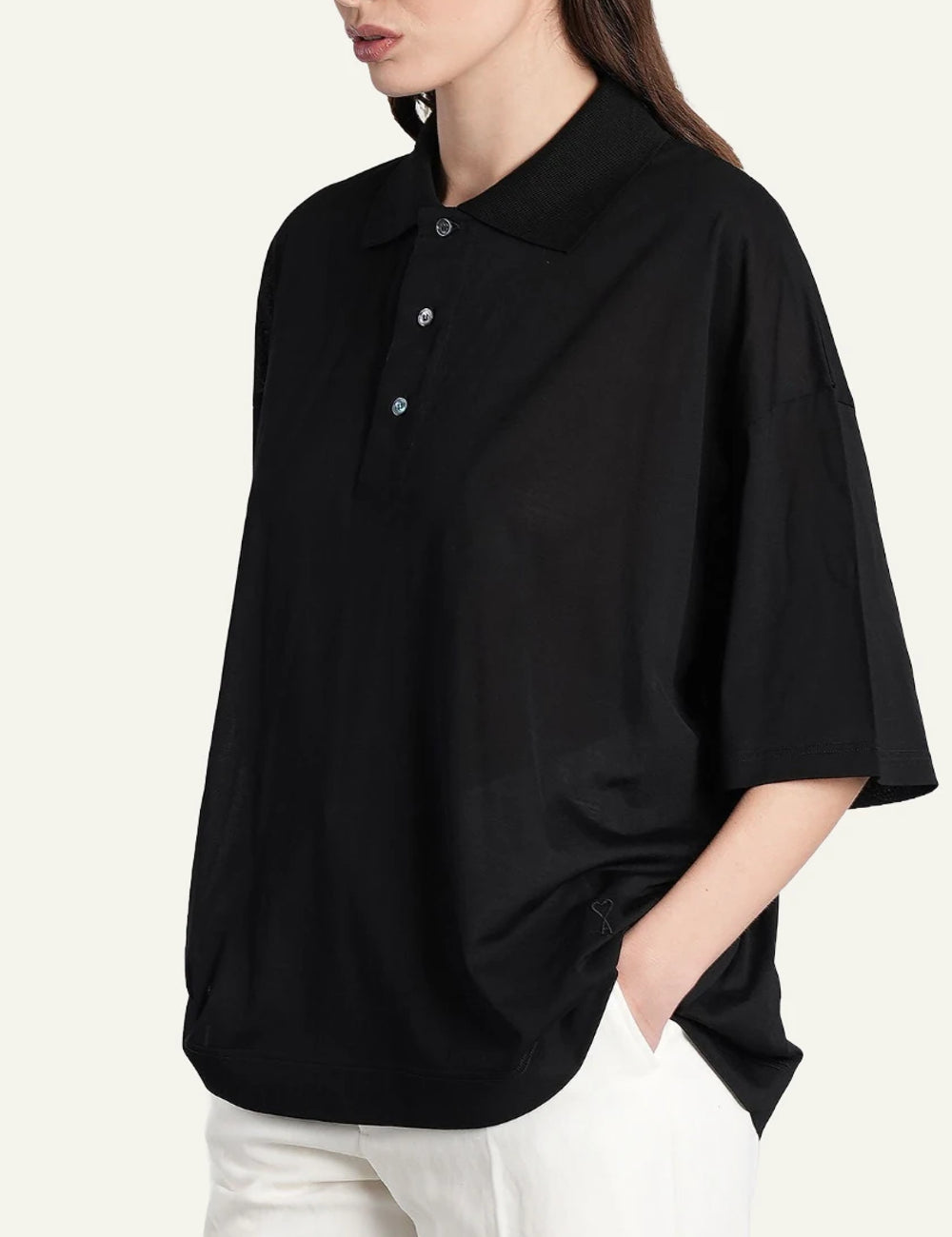 Ami Paris polo black boxy fit short sleeve side model
