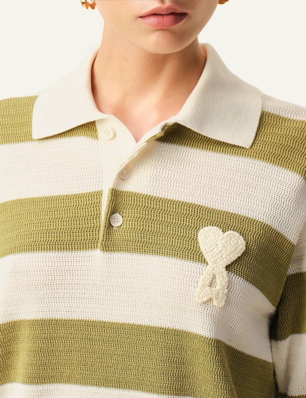Ami Paris polo striped cream matcha ajoure knit short sleeve front detail