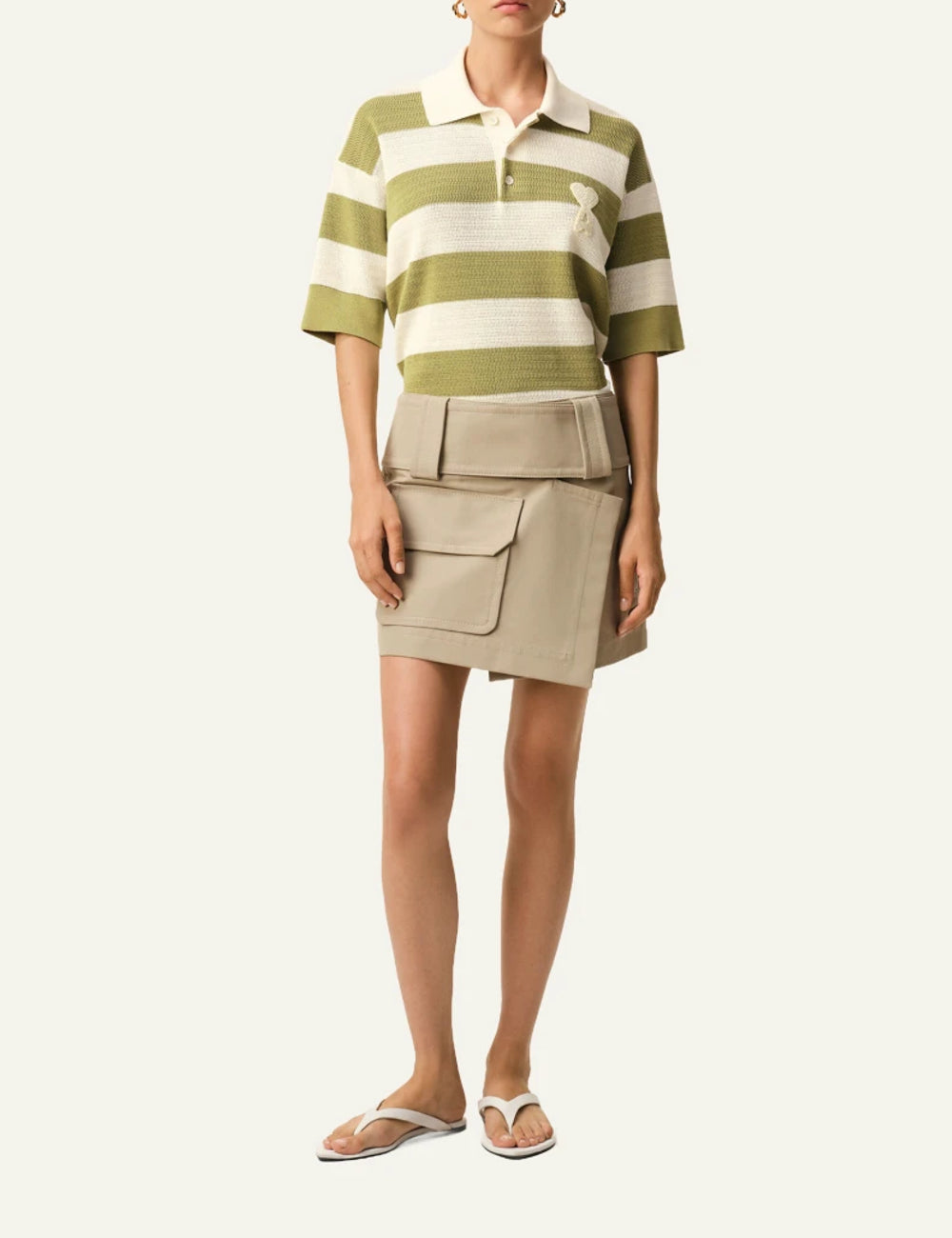 Ami Paris polo striped cream matcha ajoure knit short sleeve front full body
