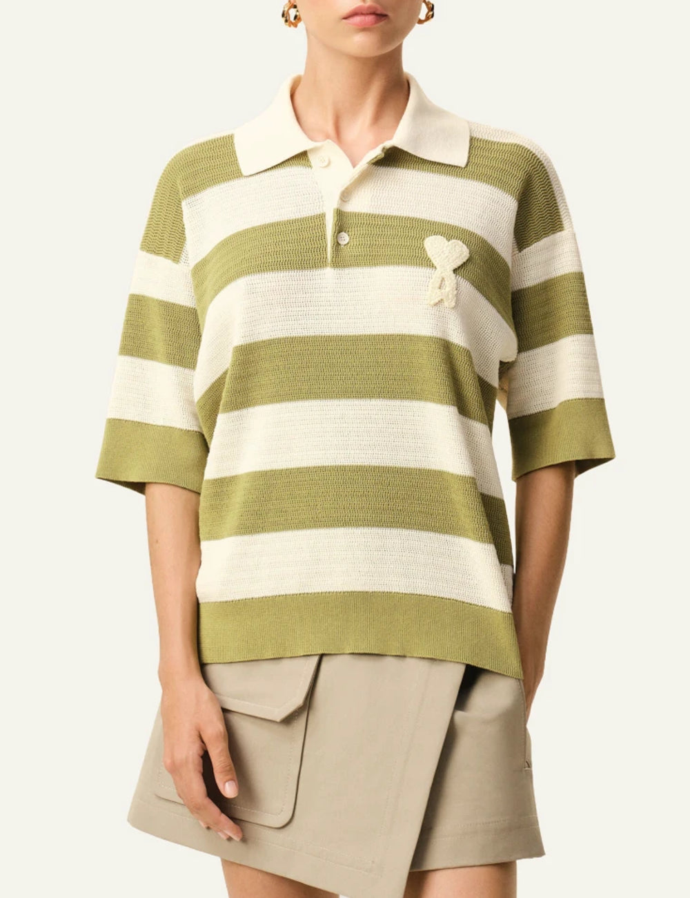 Ami Paris polo striped cream matcha ajoure knit short sleeve front model