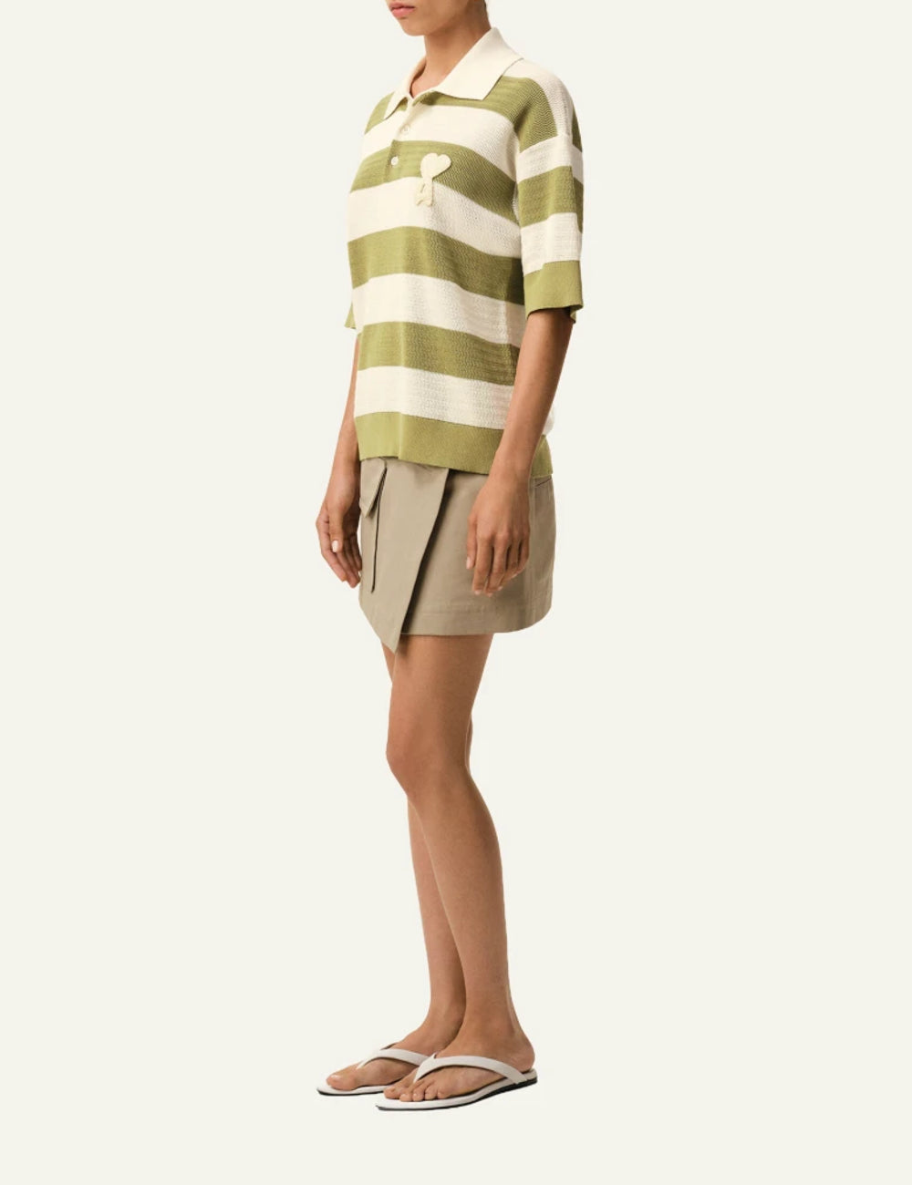 Ami Paris polo striped cream matcha ajoure knit short sleeve side