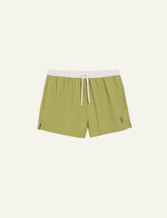 Ami Paris swim shorts matcha green white waistband short length logo detail front