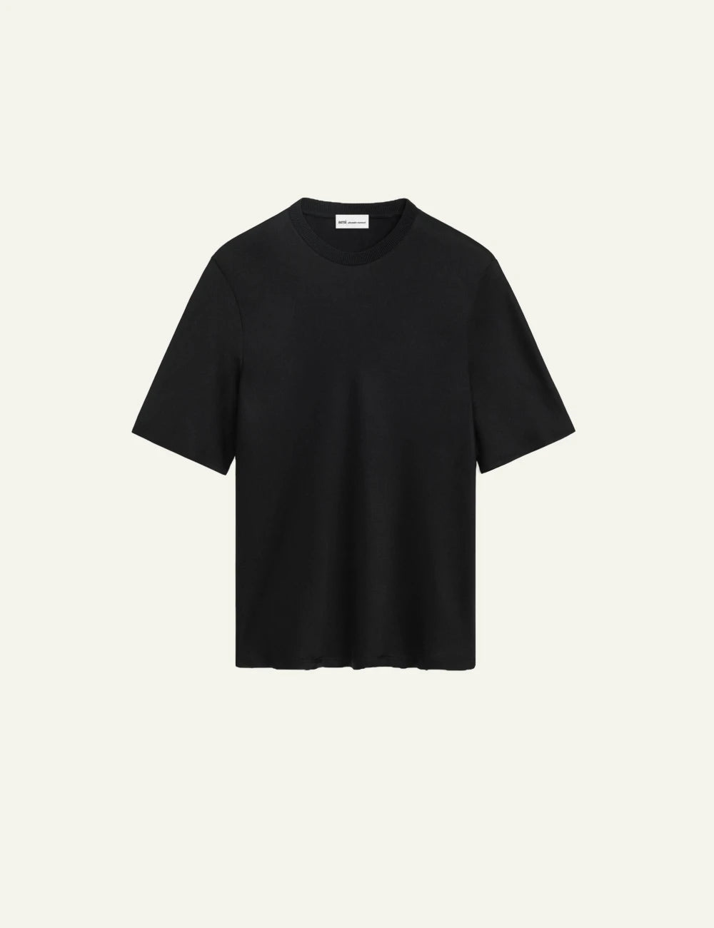 Ami Paris t-shirt black satin oversized short sleeve rib neckline front