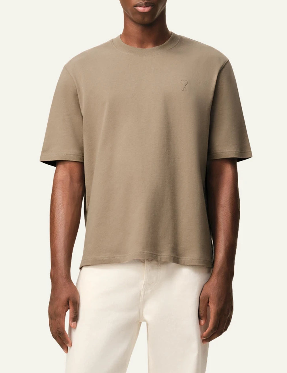 Ami Paris t-shirt taupe beige cotton embossed logo boxy fit front model
