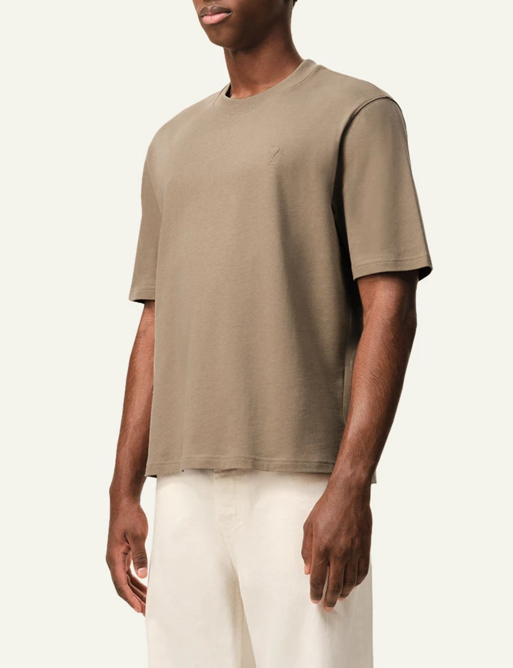 Ami Paris t-shirt taupe beige cotton embossed logo boxy fit side