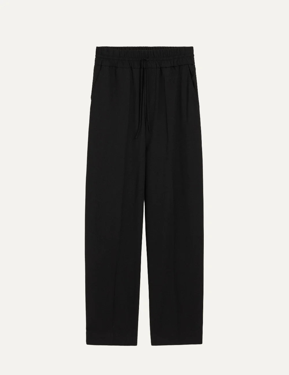 Ami Paris unisex black relaxed-fit trousers with an elasticated drawstring waist, side pockets and straight legs.