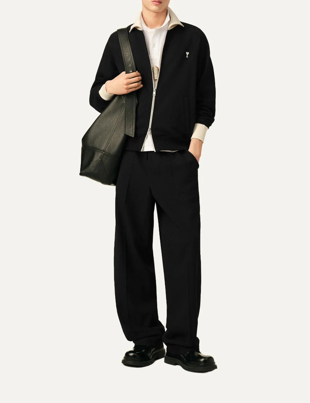 Ami Paris unisex black relaxed-fit trousers with an elasticated drawstring waist, side pockets and straight legs full body