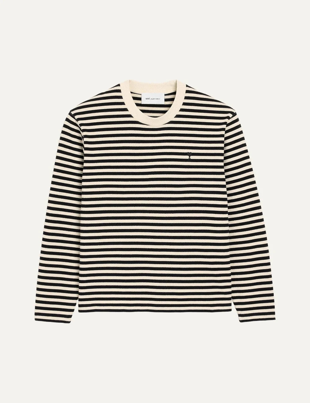 Ami Paris unisex cream and black striped long sleeve cotton T-shirt with a crew neck and black Ami de Coeur chest embroidery.