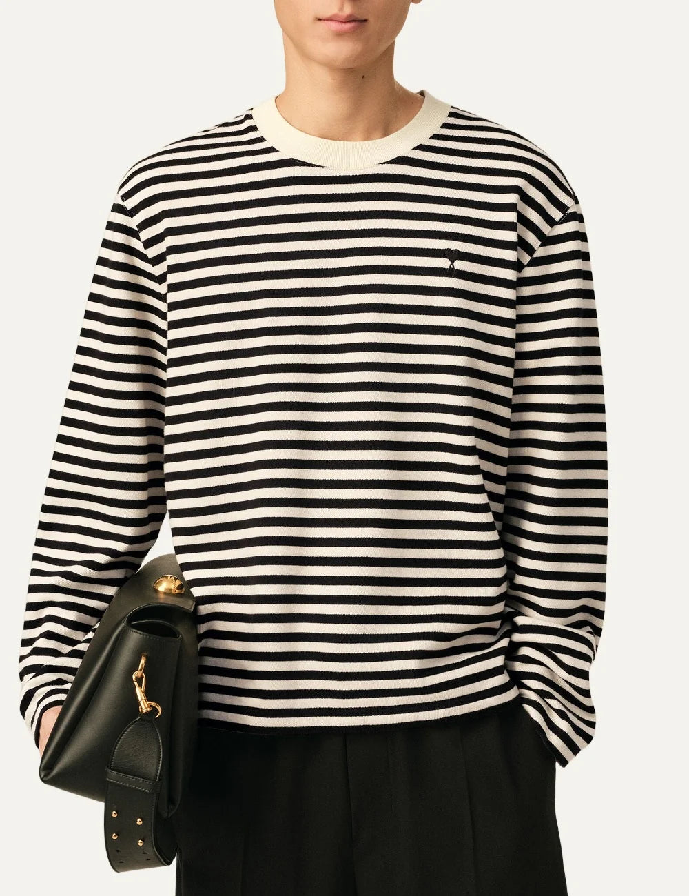 Ami Paris unisex cream and black striped long sleeve cotton T-shirt with a crew neck and black Ami de Coeur chest embroidery model