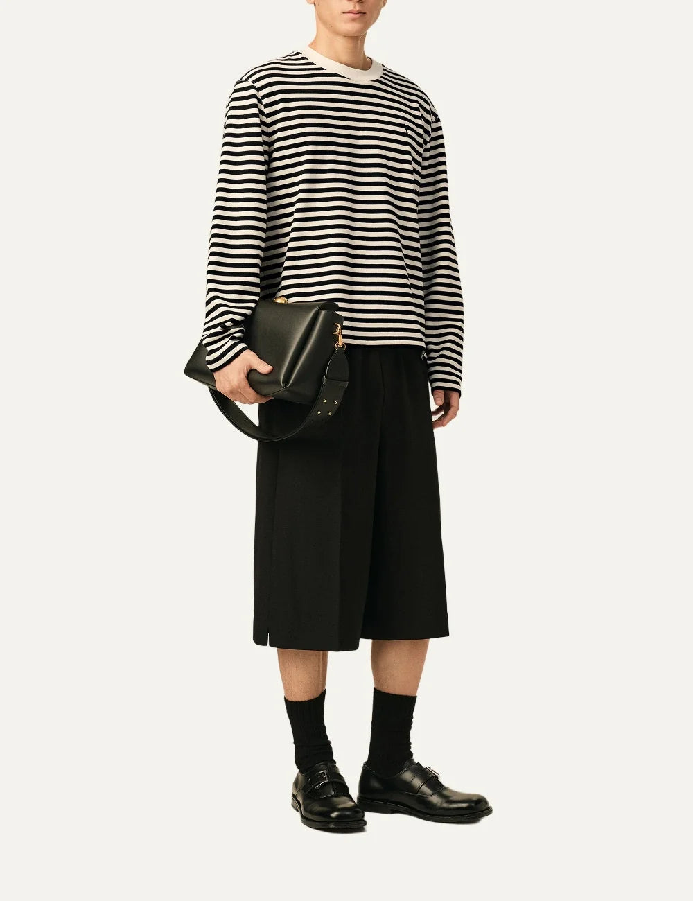 Ami Paris unisex cream and black striped long sleeve cotton T-shirt with a crew neck and black Ami de Coeur chest embroidery full body