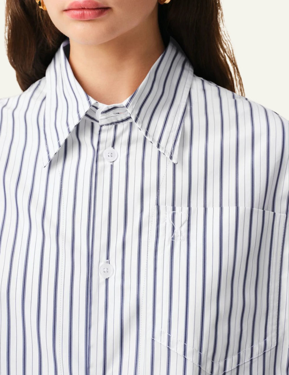 ami paris white blue stripe cotton poplin shirt short sleeve detail