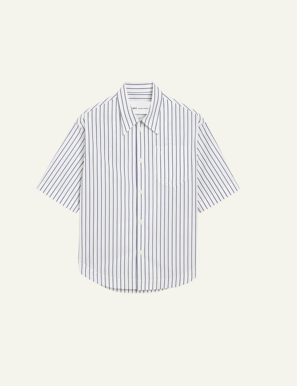 ami paris white blue stripe cotton poplin shirt short sleeve front