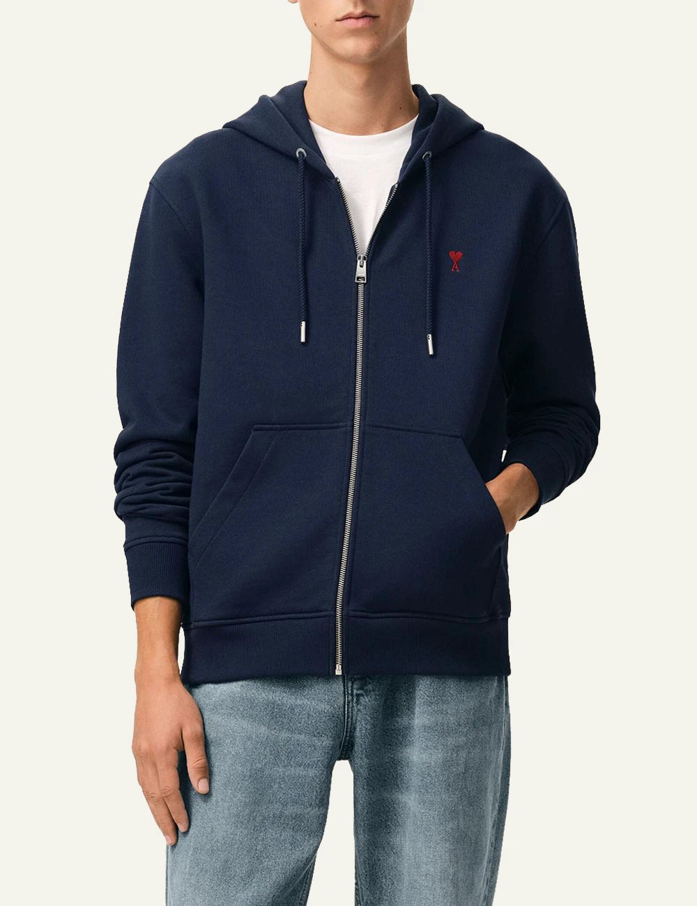 Ami Paris zip hoodie navy worn full body