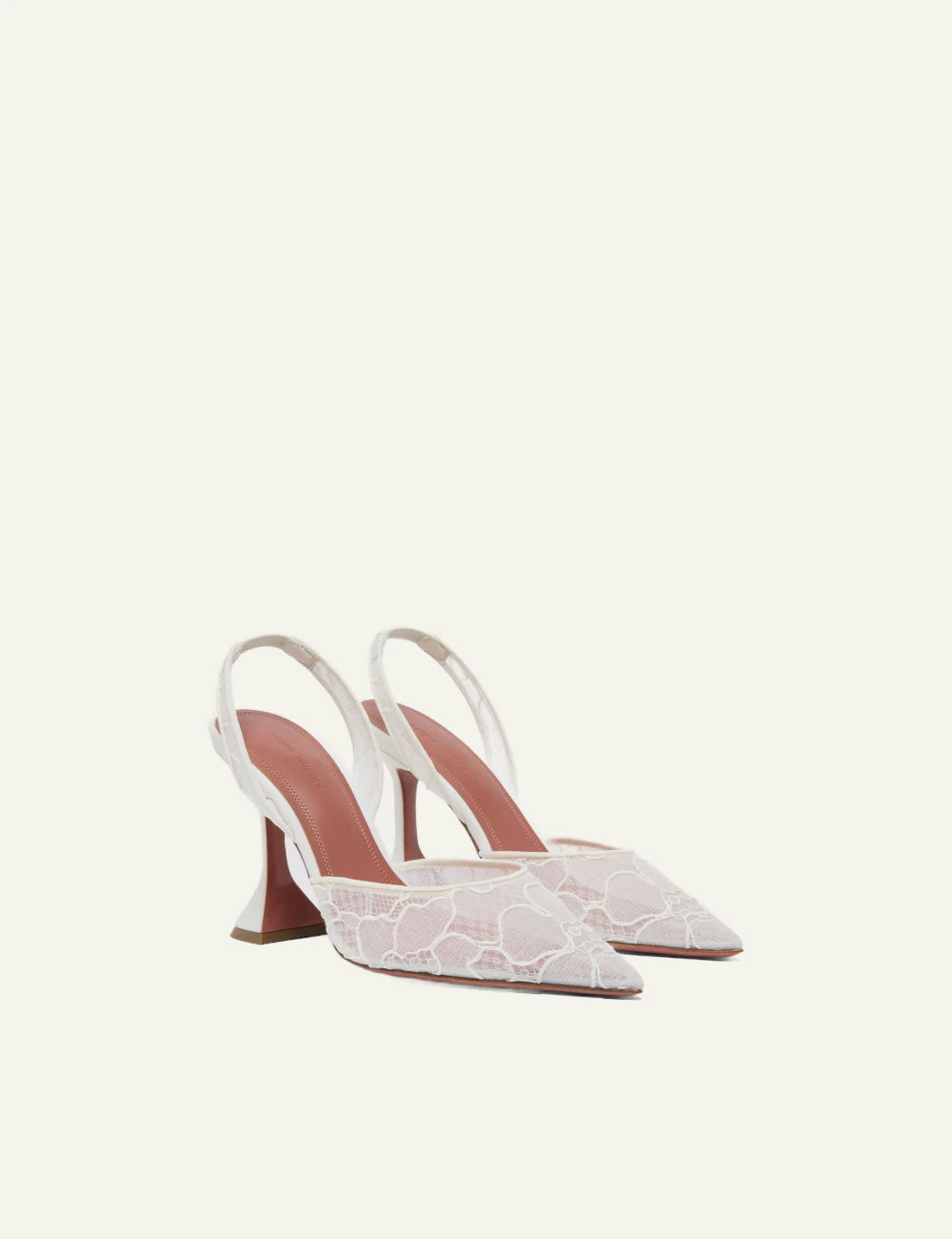 Amina Muaddi 12S357472HOL Holli Lace Sling 95 ivory lace pointed slingback heel angled view