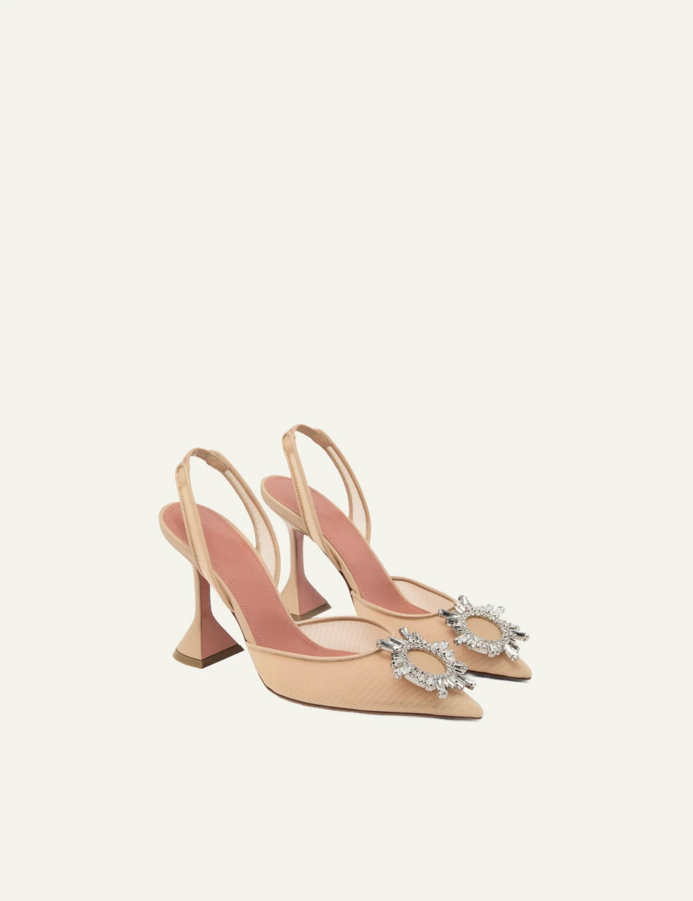 Amina Muaddi 13S361088BEG Begum Mesh Sling 95 beige crystal brooch angled view