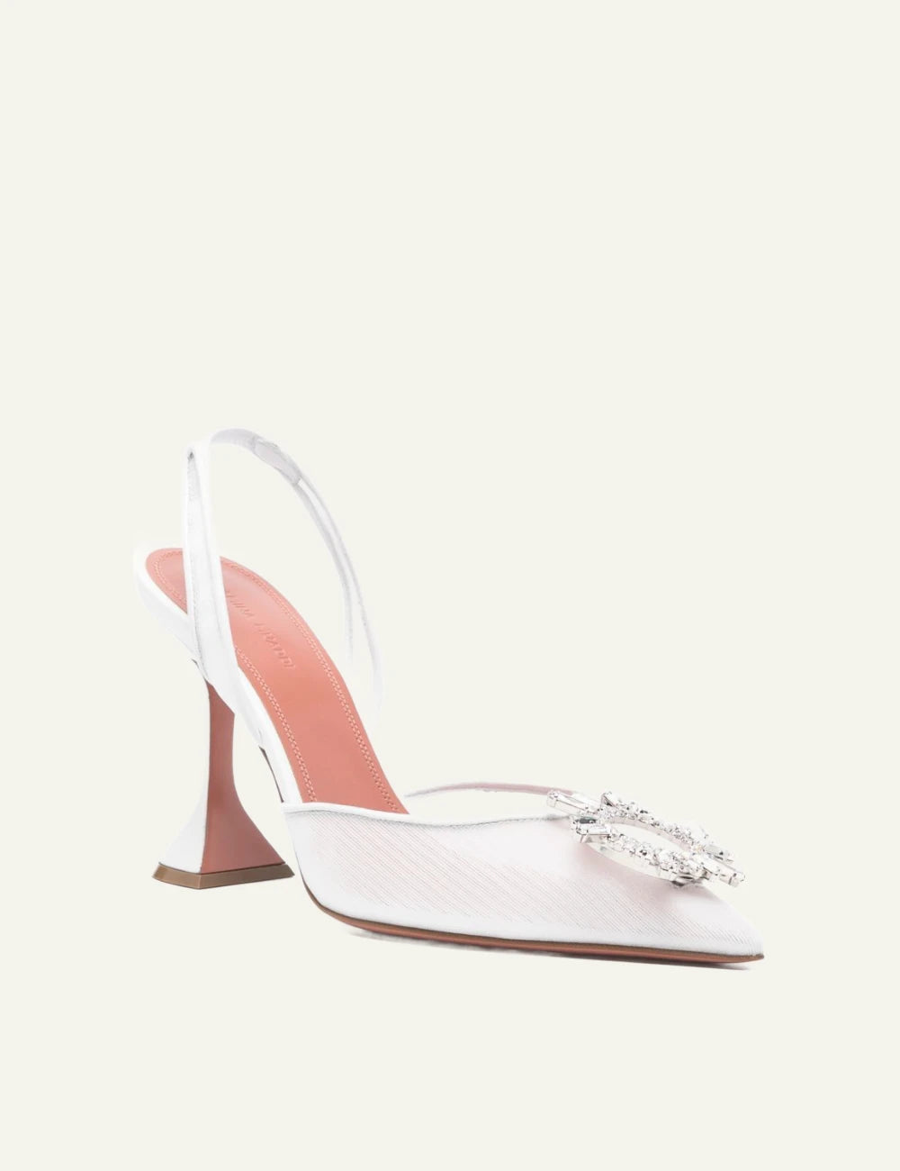 Amina Muaddi 13S362832BEG Begum Mesh Sling 95 white crystal brooch angled view