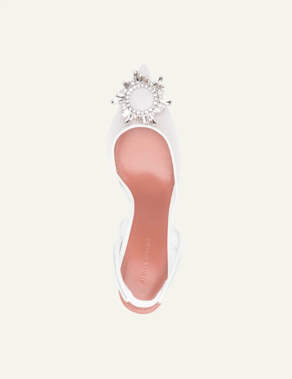 Amina Muaddi 13S362832BEG Begum Mesh Sling 95 white crystal brooch top view