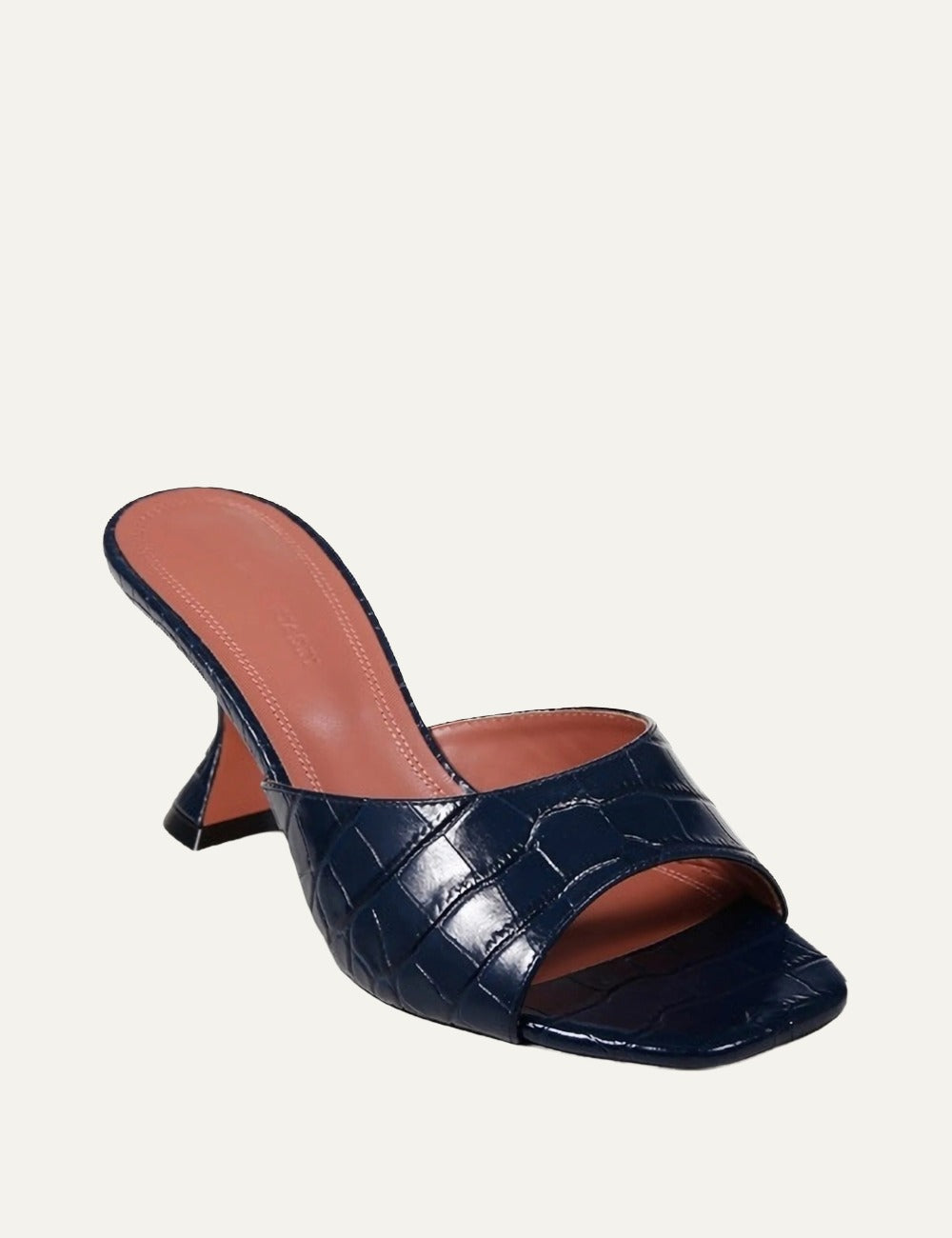 Amina Muaddi Lupita navy croc heel sandals angled view