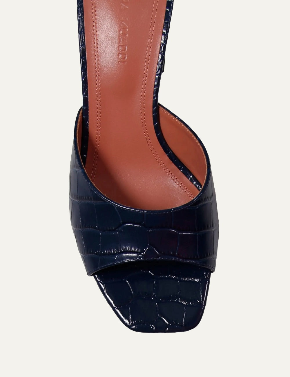 Amina Muaddi Lupita navy croc open toe heels top view