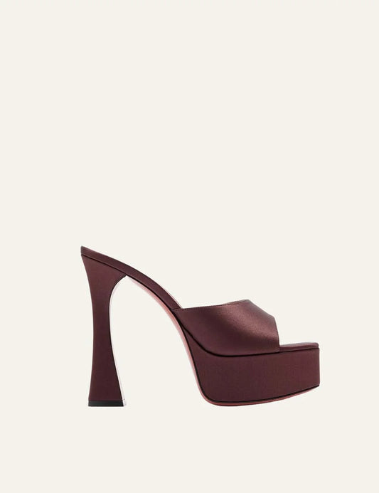 Amina Muaddi women brown satin platform sandals with signature geometric heel side view