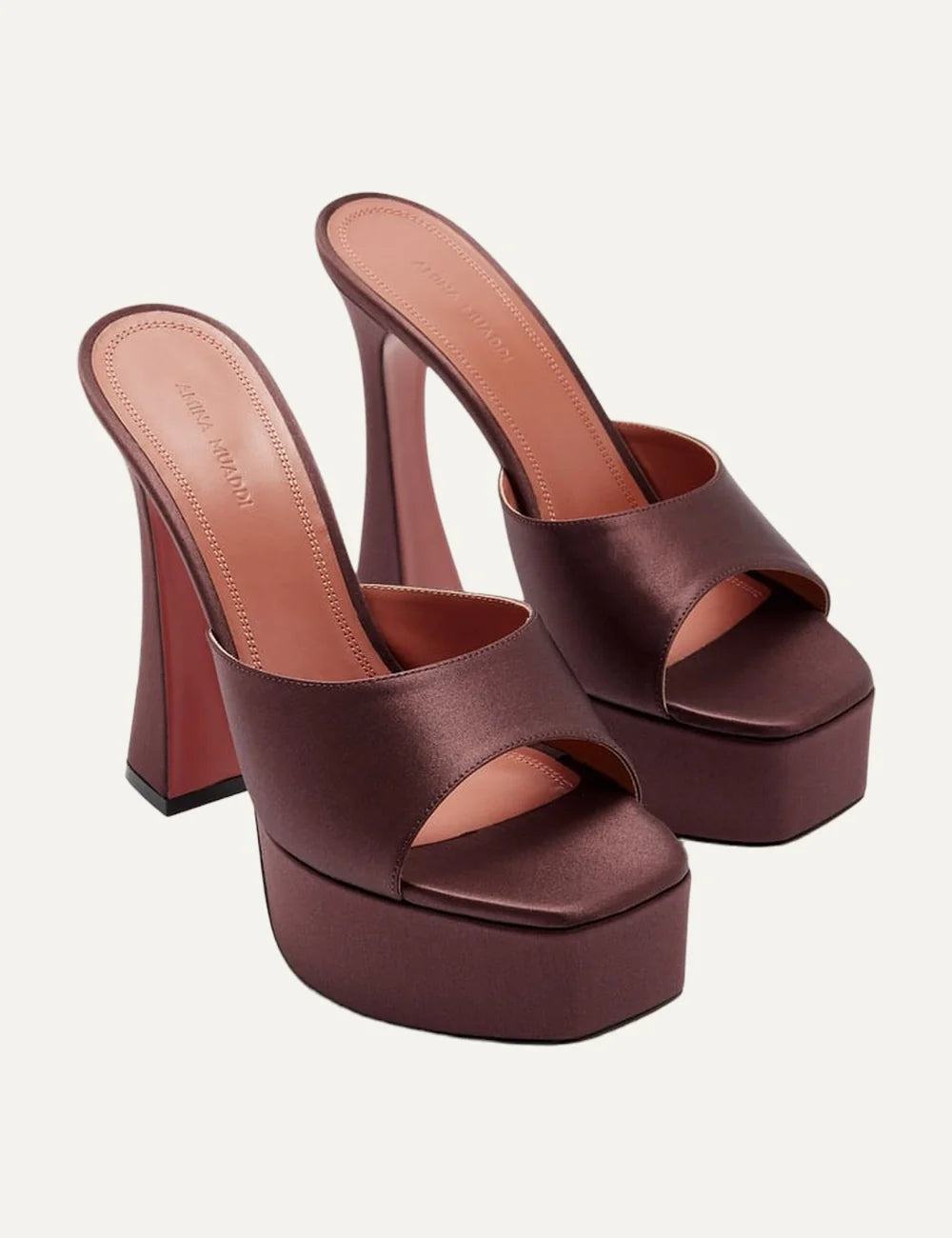 Amina Muaddi women brown satin platform sandals with signature geometric heel front angle pair view