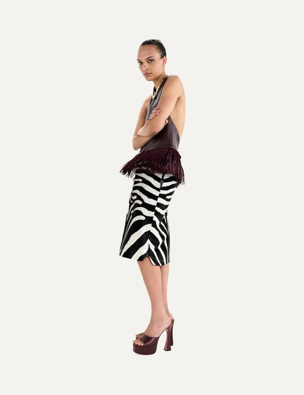 Amina Muaddi women brown satin platform sandals with signature geometric heel on model
