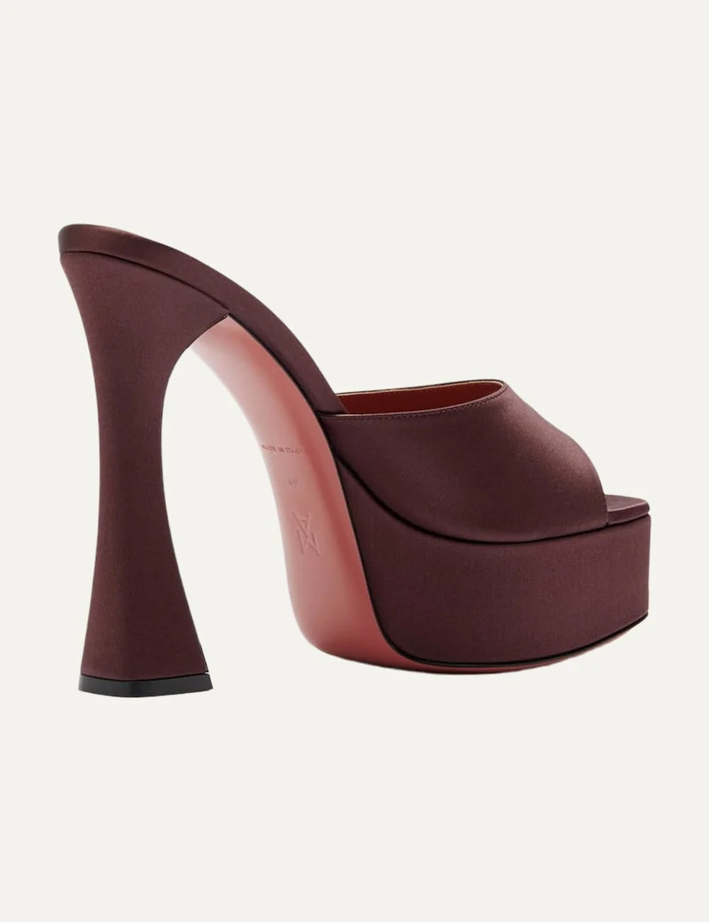 Amina Muaddi women brown satin platform sandals with signature geometric heel back view