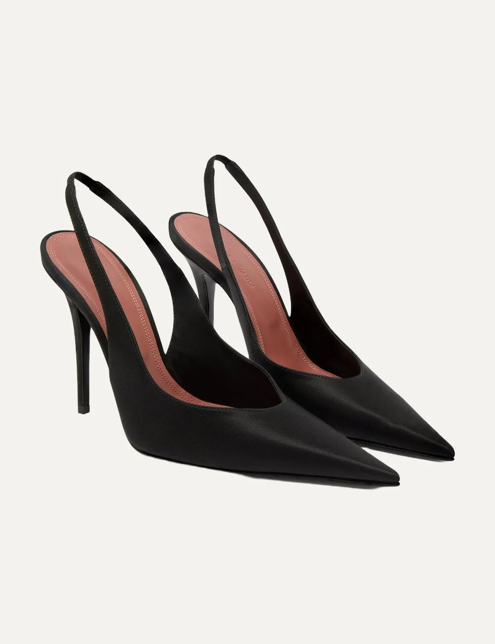 Amina Muaddi women Anok Sling 105 black satin pointed toe slingback pumps front angle view