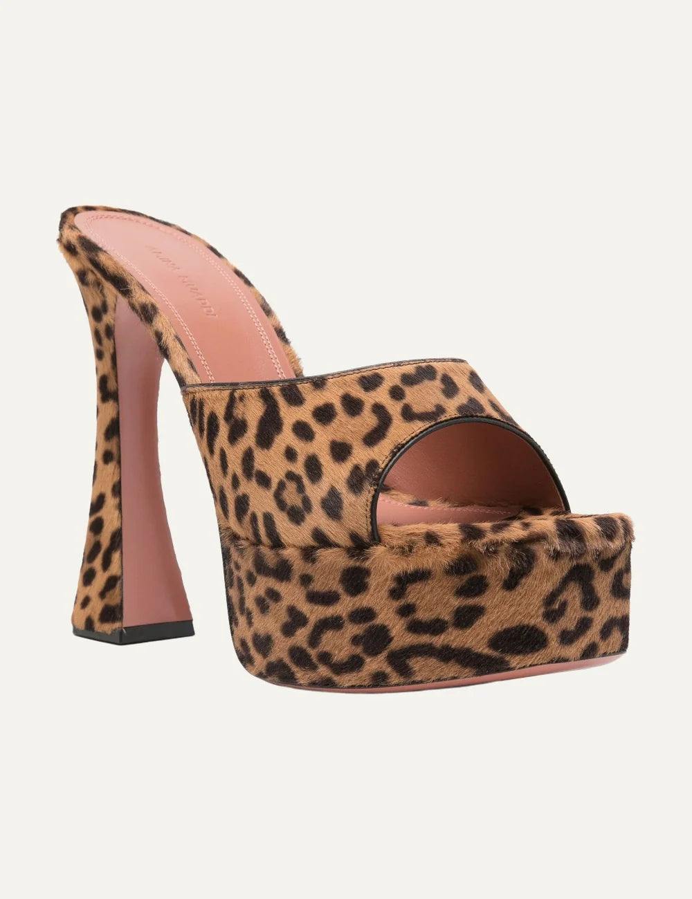 Amina Muaddi women Dalida leopard print pony hair platform heeled sandals front angle view