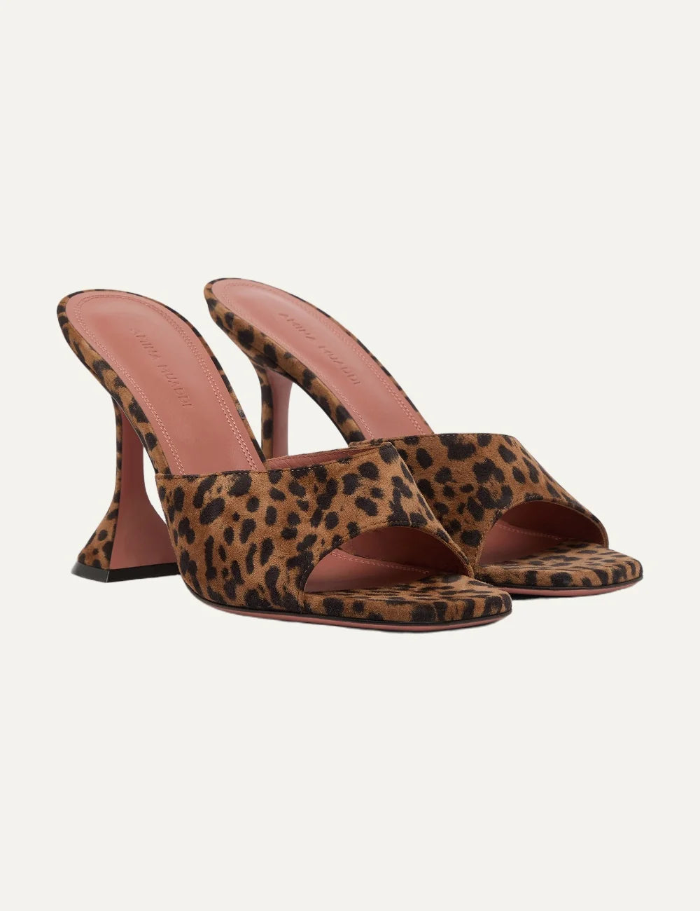 Amina Muaddi women Lupita Slipper 95 leopard print suede heeled sandals front angle pair view