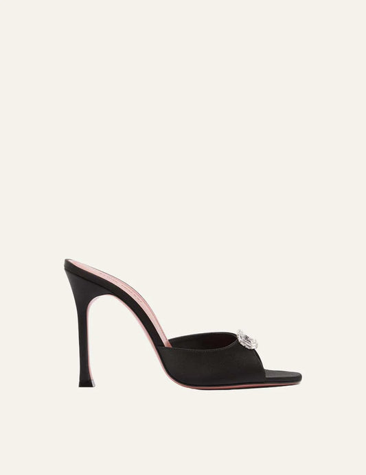 Amina Muaddi women Mini Camelia Slipper 105 black satin heeled sandals with crystal embellishments side view