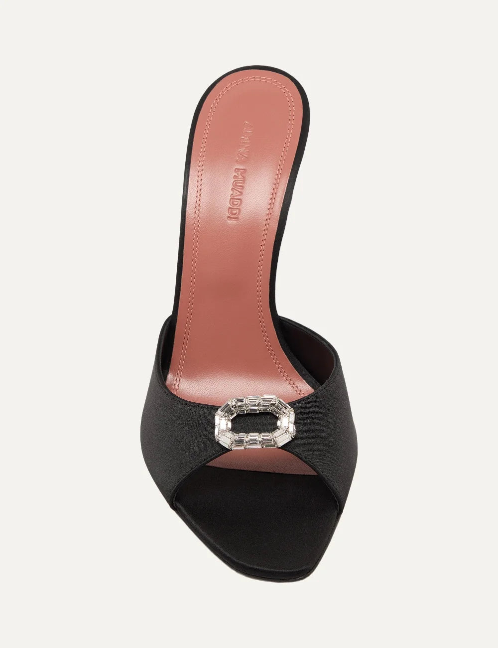 Amina Muaddi women Mini Camelia Slipper 105 black satin heeled sandals with crystal embellishment top view