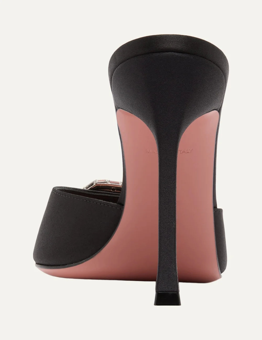 Amina Muaddi women Mini Camelia Slipper 105 black satin heeled sandals with crystal embellishment heel detail view