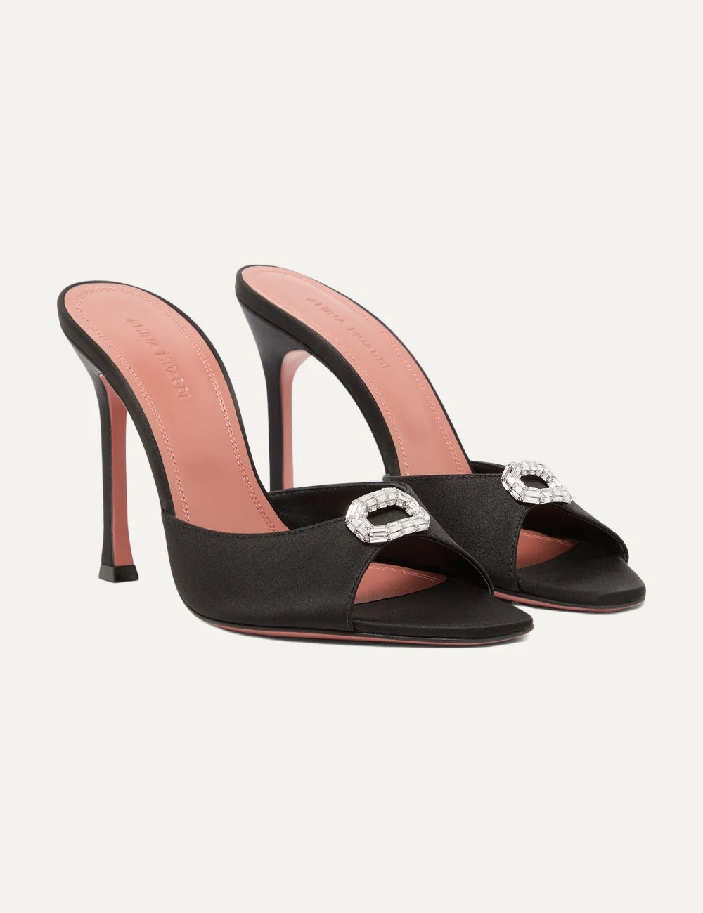 Amina Muaddi women Mini Camelia Slipper 105 black satin heeled sandals with crystal embellishment front angle pair view