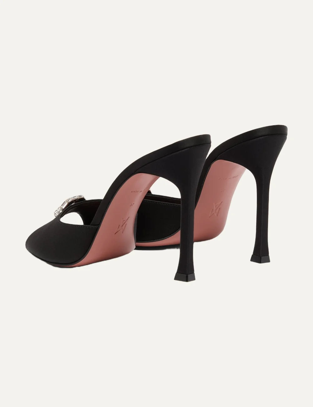 Amina Muaddi women Mini Camelia Slipper 105 black satin heeled sandals with crystal embellishment heel details view