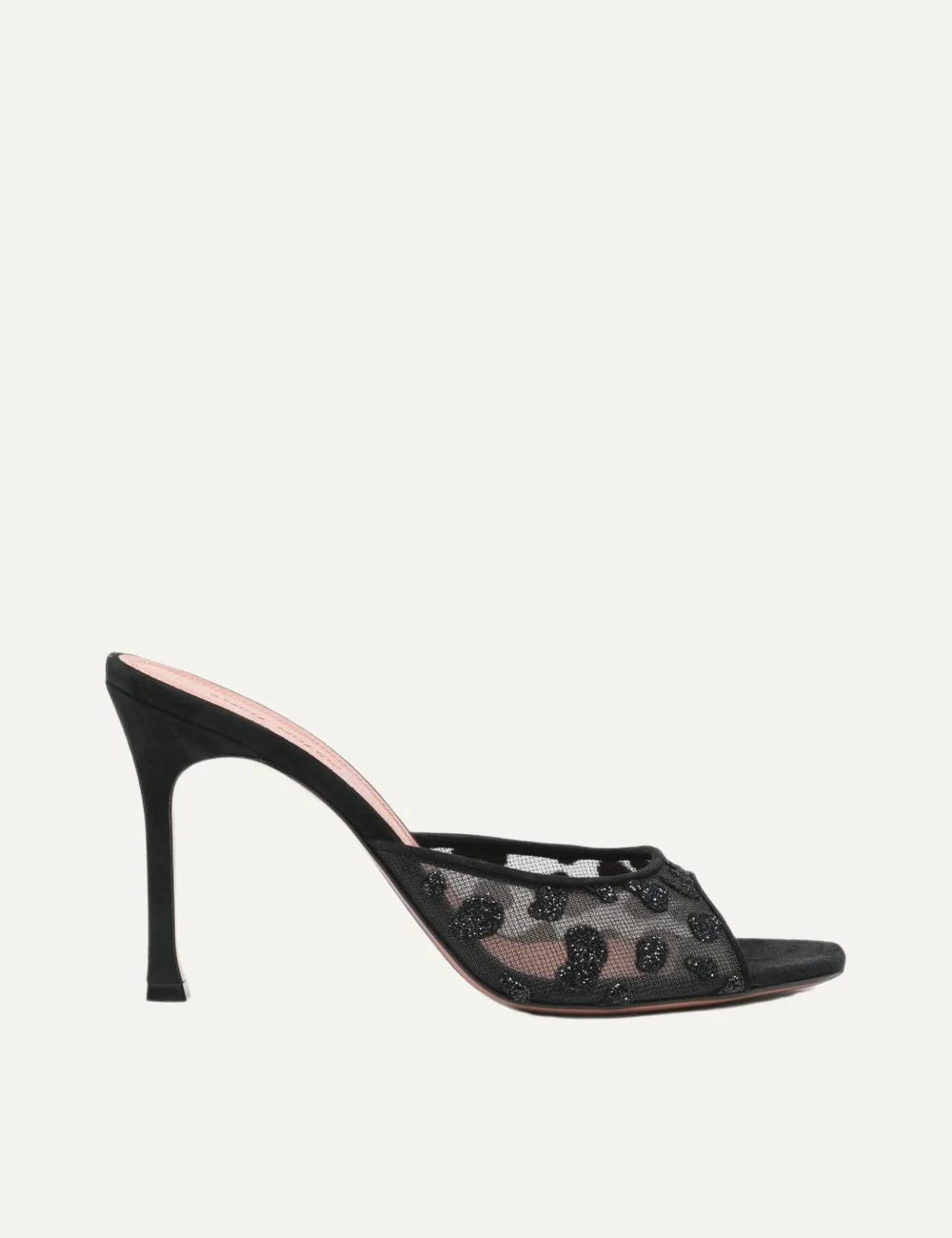 Amina Muaddi women's black mesh heeled mules with glitter leopard pattern, square open toe and flared stiletto heel.