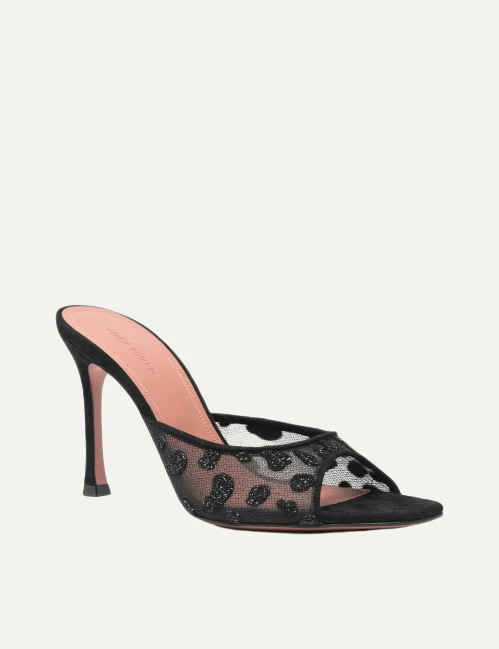 Amina Muaddi women's black mesh heeled mules with glitter leopard pattern, square open toe and flared stiletto heel angled
