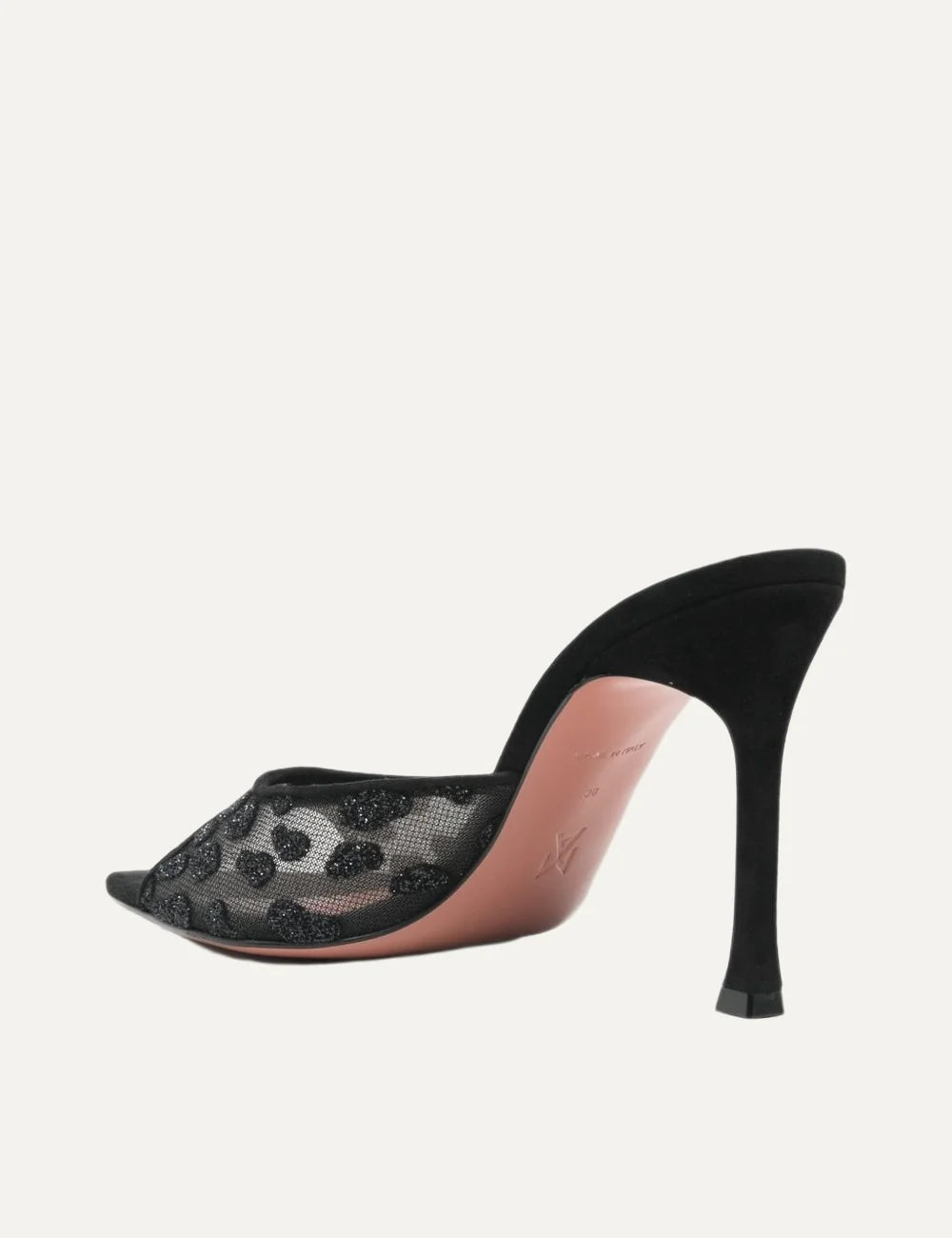Amina Muaddi women's black mesh heeled mules with glitter leopard pattern, square open toe and flared stiletto heel back