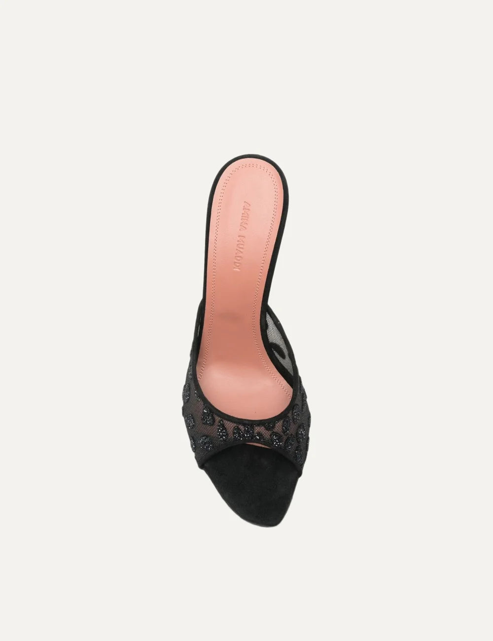 Amina Muaddi women's black mesh heeled mules with glitter leopard pattern, square open toe and flared stiletto heel top