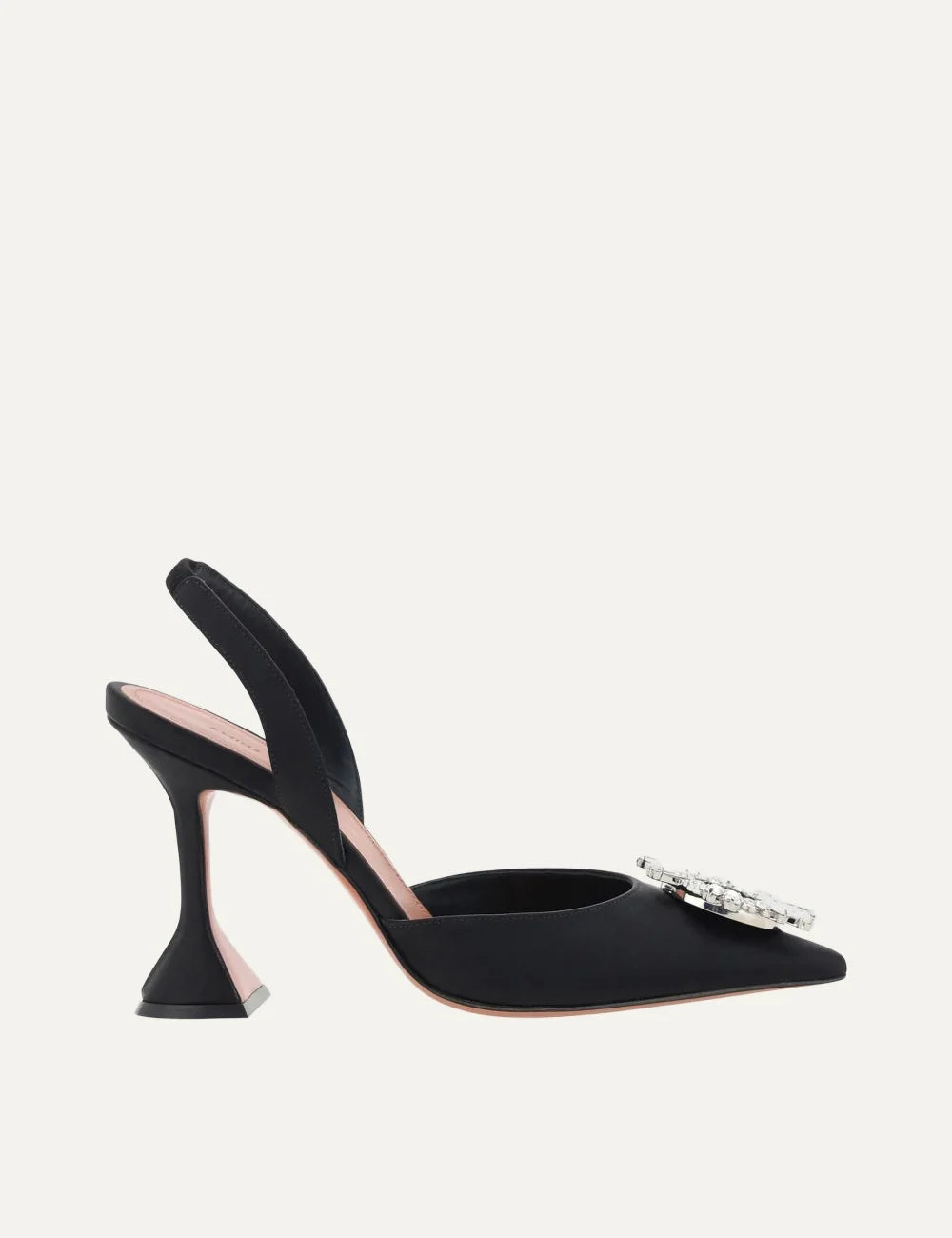Amina Muaddi women's black satin slingback pumps with pointed toe, crystal embellished buckle and sculpted flared heel.