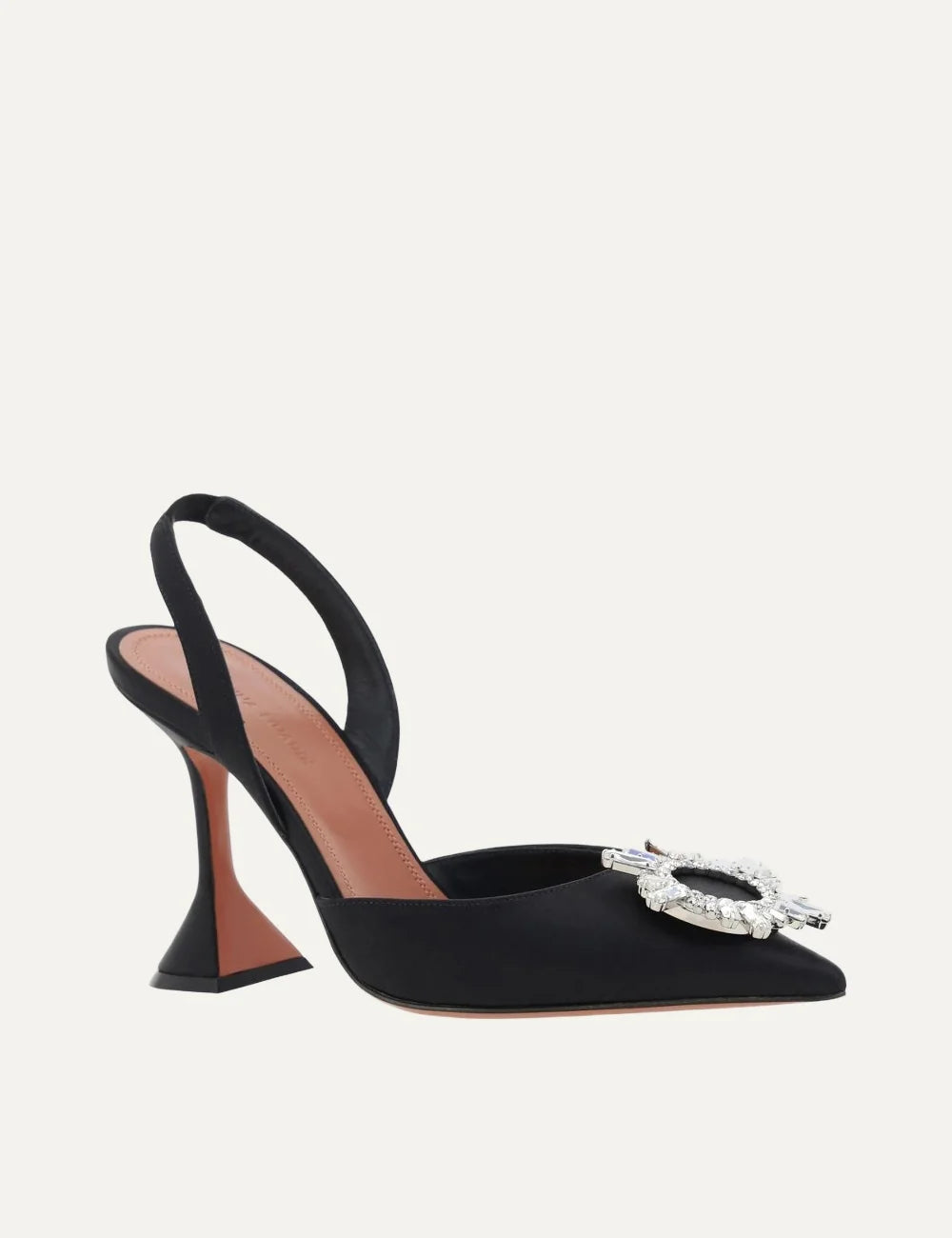 Amina Muaddi women's black satin slingback pumps with pointed toe, crystal embellished buckle and sculpted flared heel Angled