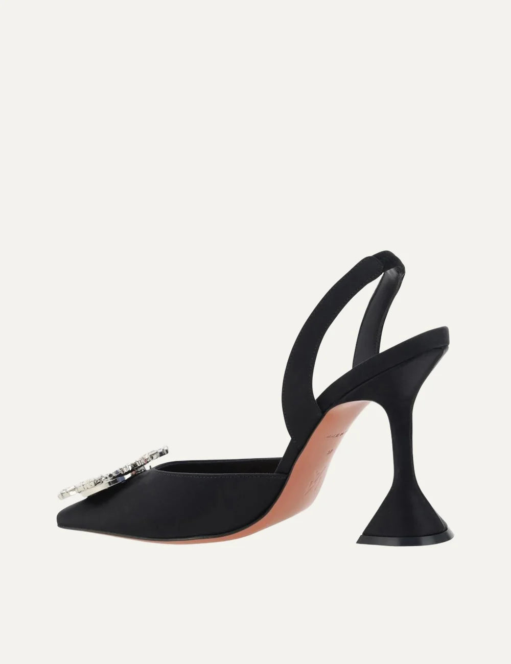 Amina Muaddi women's black satin slingback pumps with pointed toe, crystal embellished buckle and sculpted flared heel back